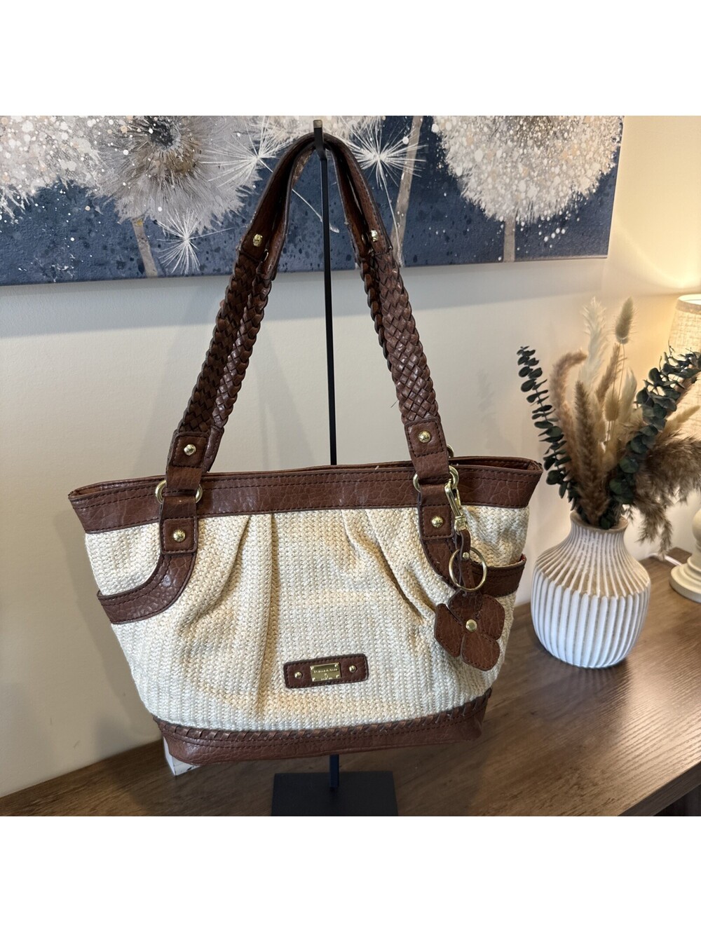 Etienne Aigner Handbag Woven Cream And Brown Leather